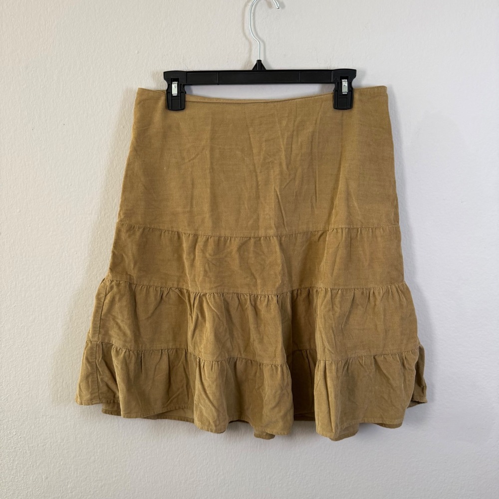 American Eagle Tan Corduroy Tiered Ruffle Mini Skirt Leopard Tie Back Size 8